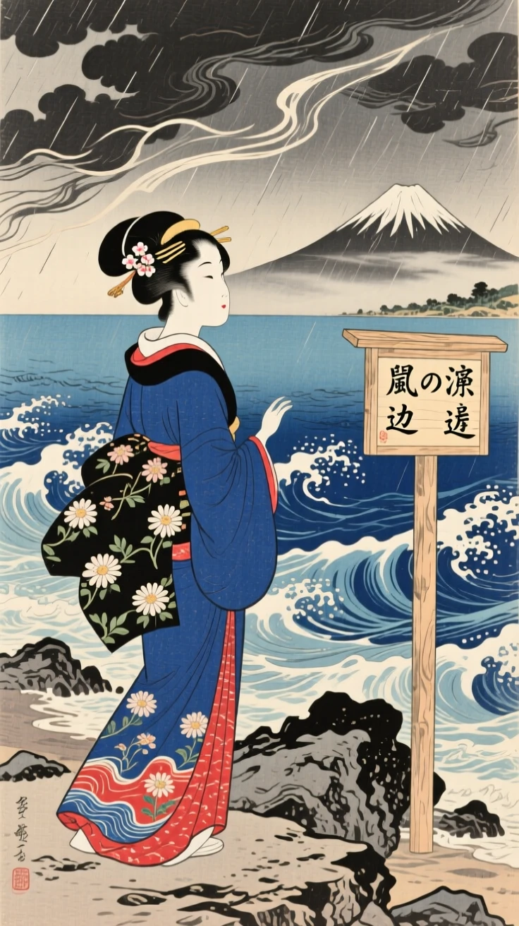 An elegant woman in flowing robes gazing at a stormy sea from a rocky shore.