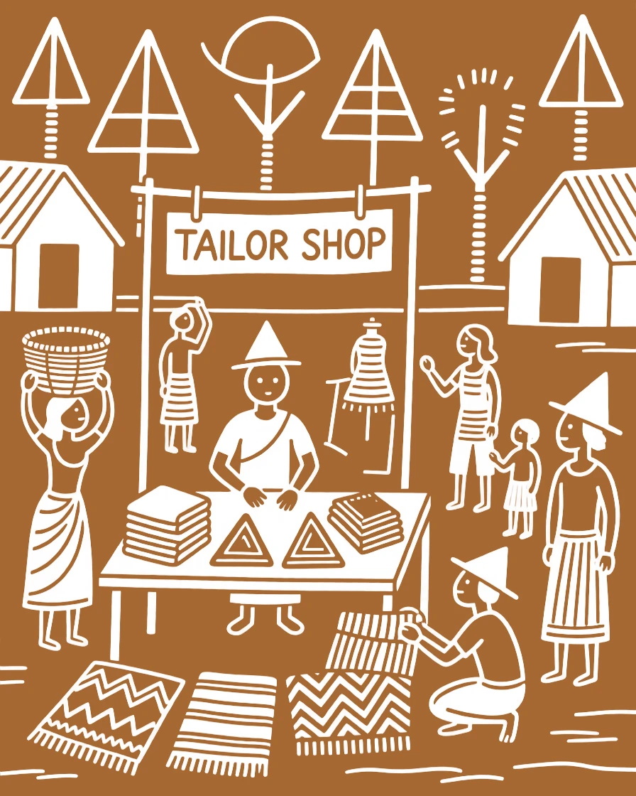 A tailor selling goods at a bustling village market.