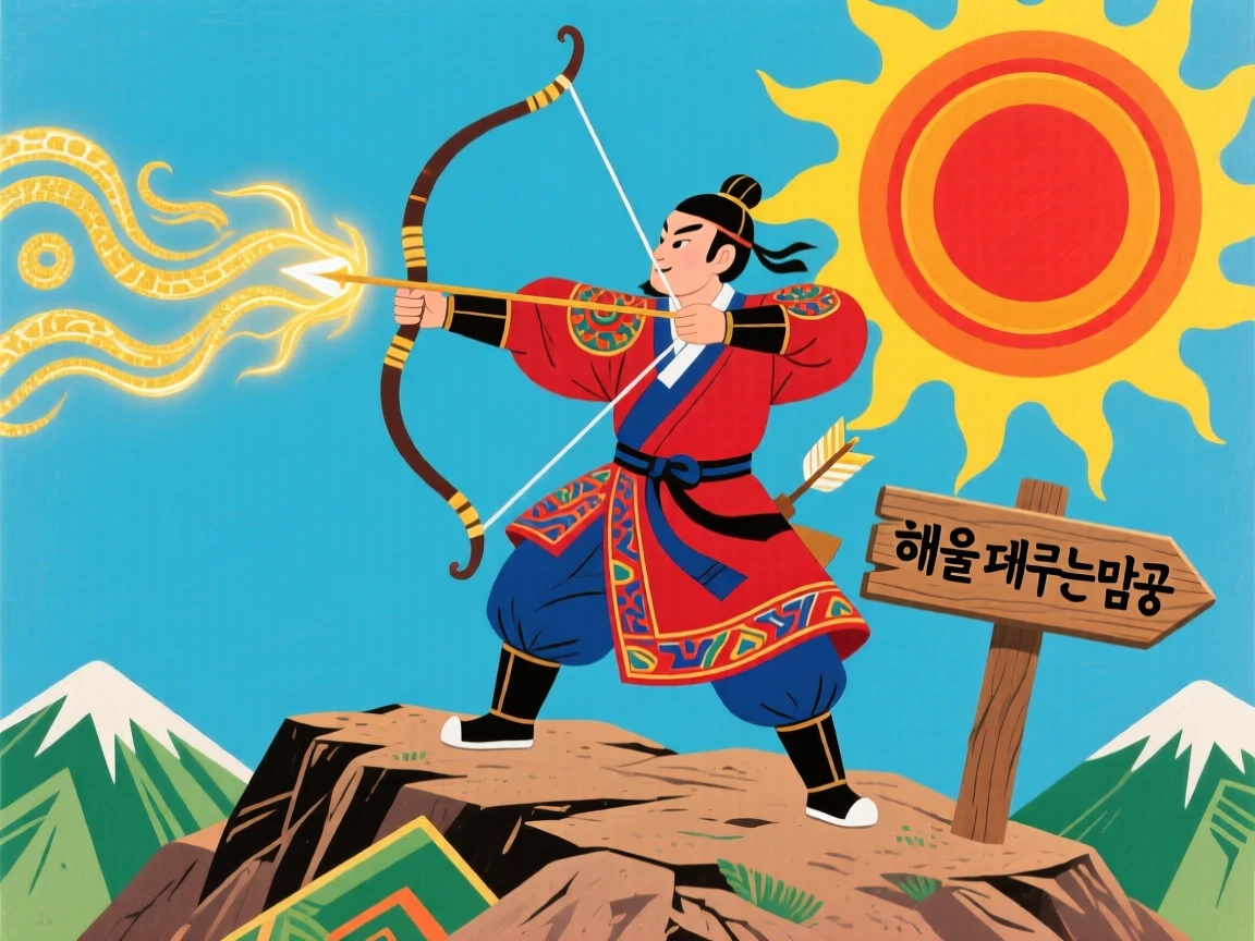 A legendary archer aiming at the sun from a mountaintop, arrows glowing gold.
