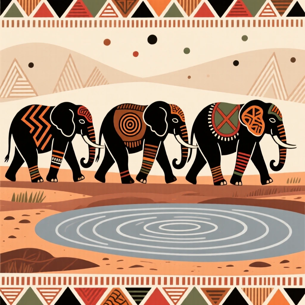 A herd of elephants marching in single file toward a waterhole.
