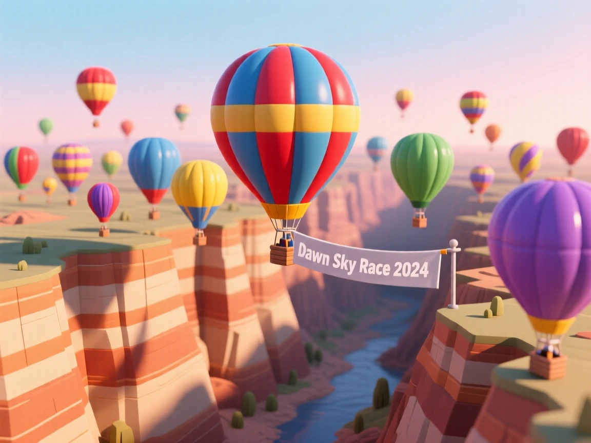 A hot air balloon race over a canyon at dawn, dozens of colorful balloons drifting at different altitudes against the striped rock walls.