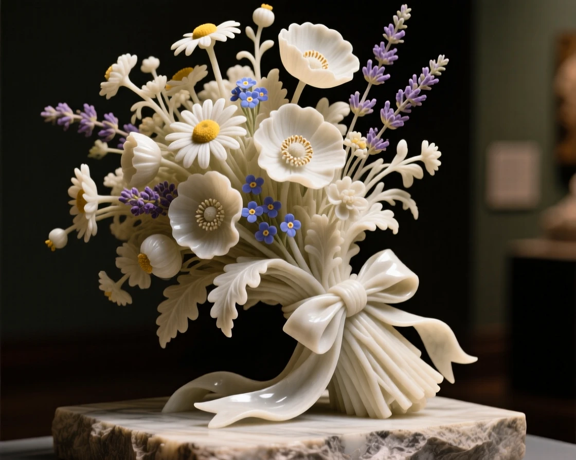 An elegant close-up study of a bouquet of wildflowers tied with ribbon, composed with warm, dramatic lighting