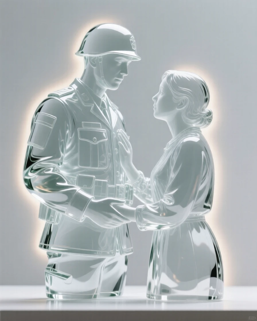 A soldier reuniting with family after time apart framed in a close, intimate composition, soft rim light outlining the silhouette, evoking warmth and connection.