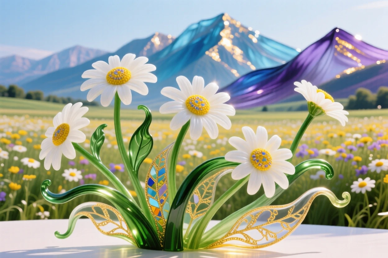 A field of wild daisies stretching toward a distant mountain range, cheerful and expansive.