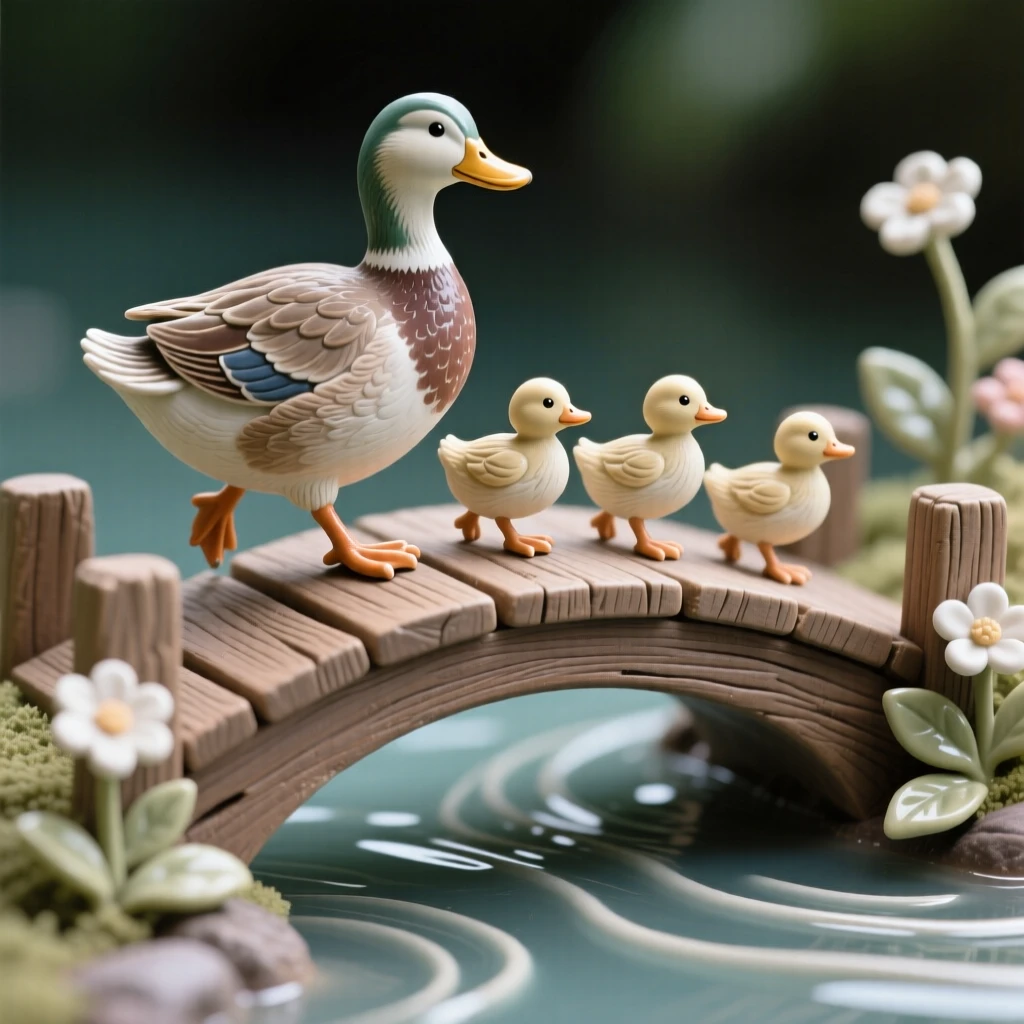 A duckling family crossing a wooden bridge caught mid-step on a whimsical journey, framed by miniature flowers and leaves, stirring nostalgic delight and warm laughter.