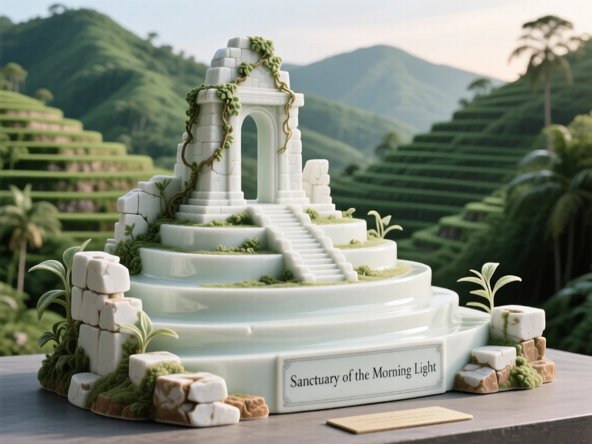 A serene jungle ruin nestled in terraced green hillsides, bathed in the soft light of dawn.