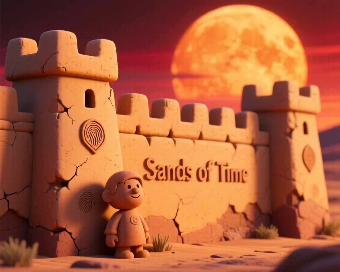 A desert fortress wall glowing amber under a setting sun