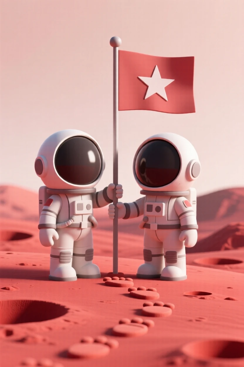 A pair of astronauts plant a flag together on a distant red planet, boot prints trailing behind them.