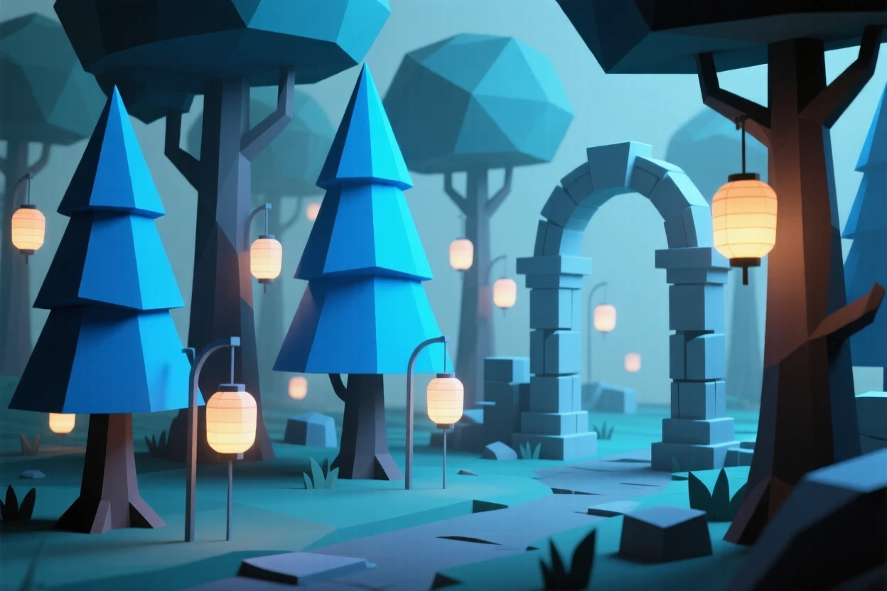 An enchanted forest with luminous blue trees, within a forest lit by floating lanterns. intricate details enrich the ancient architecture. A gentle, magical glow softens the scene.
