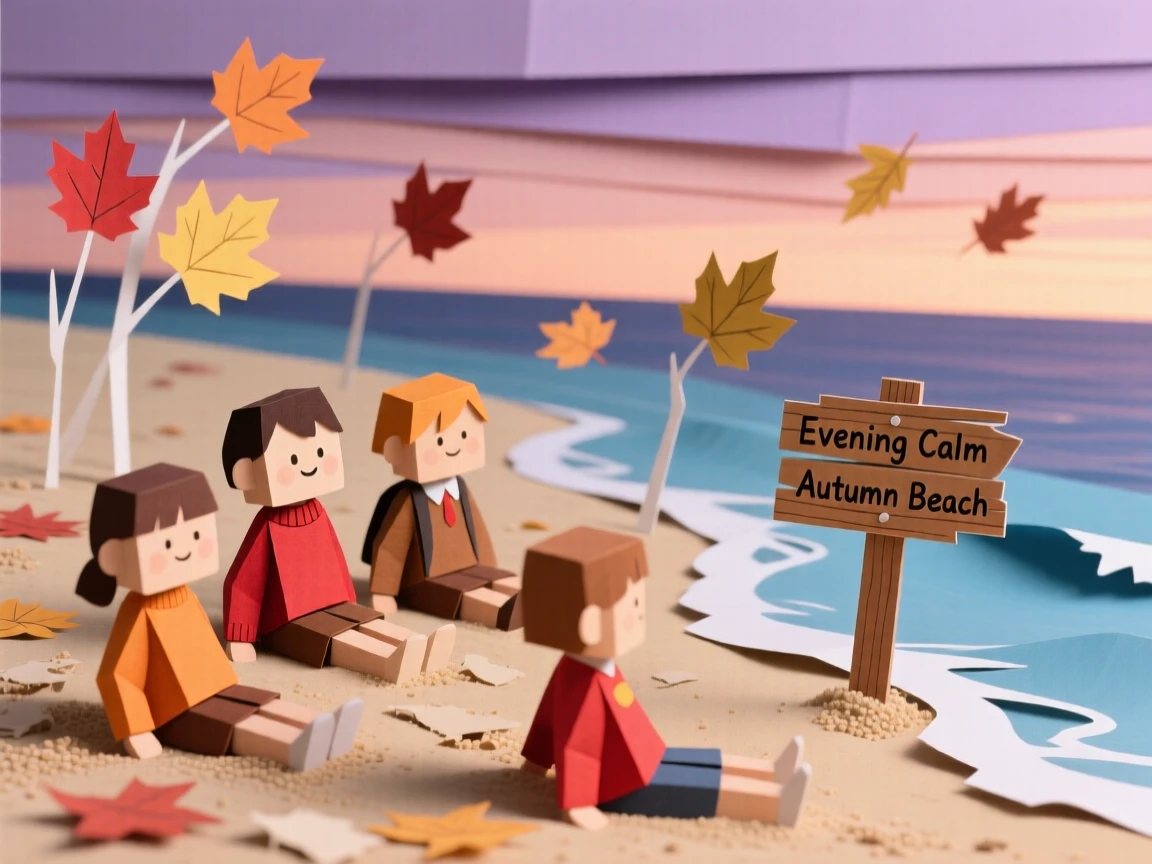 A group of schoolchildren relaxing on a sandy beach at dusk, with autumn leaves drifting past, capturing the simple beauty of everyday moments.