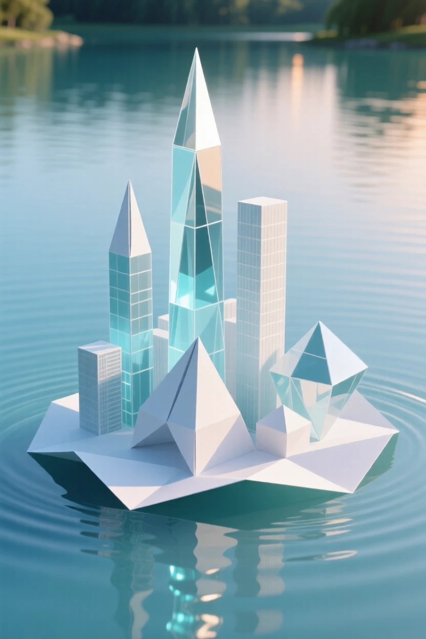 A city of glass towers rising from the center of a calm, glowing lake.