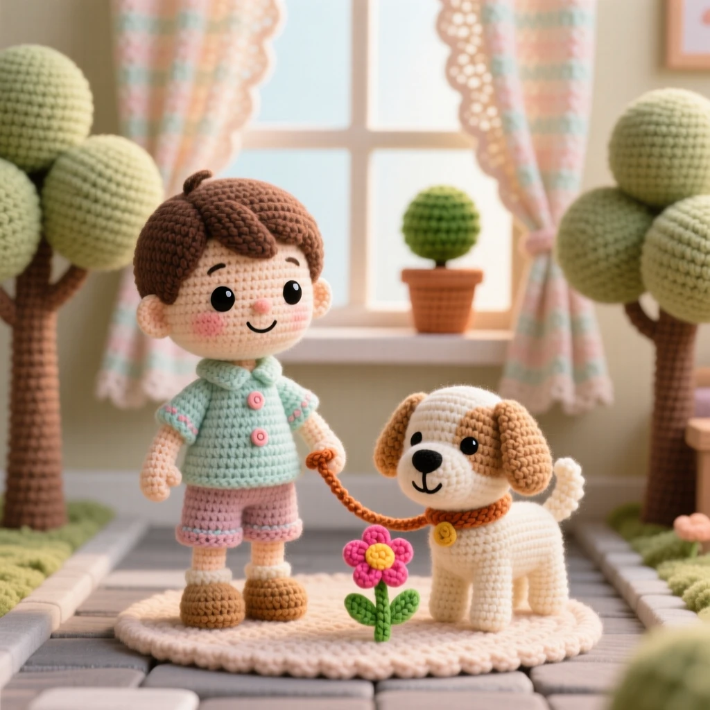a small boy walking a small dog on a leash, down a quiet tree-lined street, pausing to let the dog sniff a flower, in a soft-lit nursery with gentle curtains, with a small potted plant on the windowsill nearby, radiating gentle contentment in a small daily ritual.