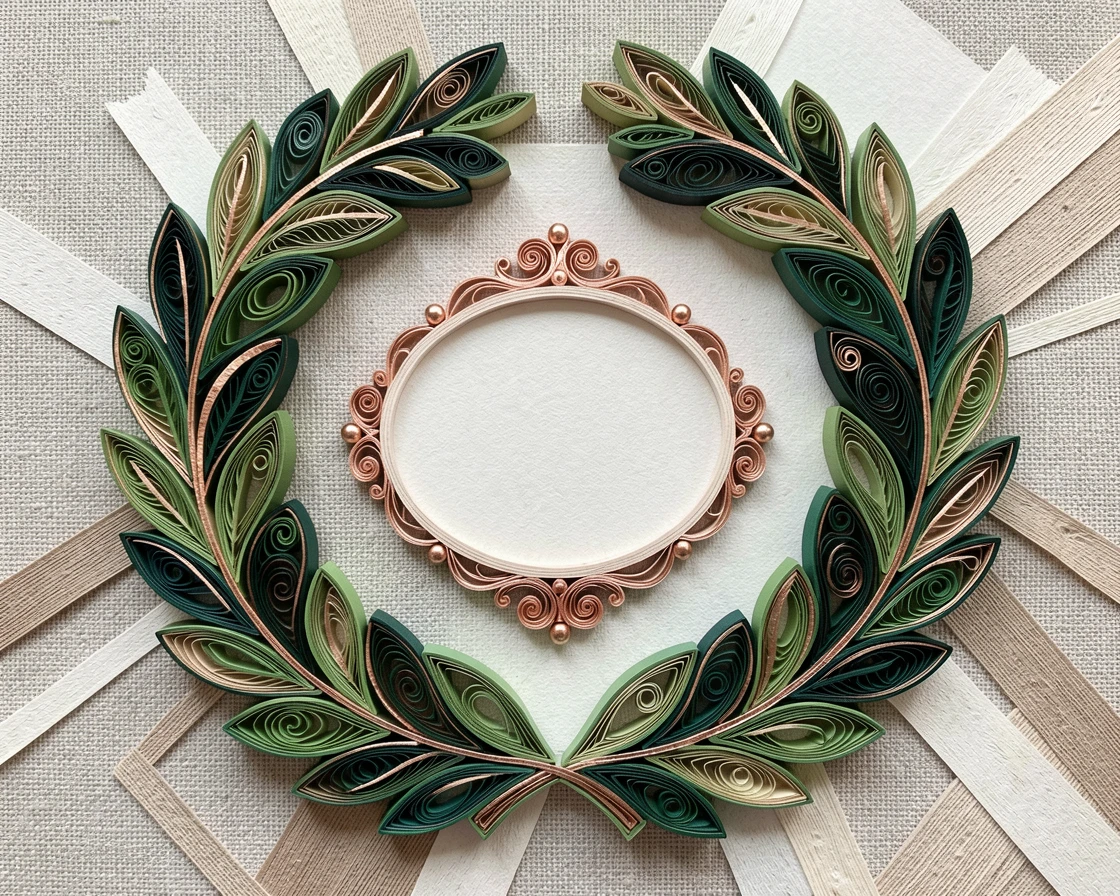 An elegant design featuring a formal wreath of laurel leaves encircling a monogram space, spiraling outward in a hypnotic rhythm, accented with delicate touches of rose gold, displayed on a textured linen backdrop.