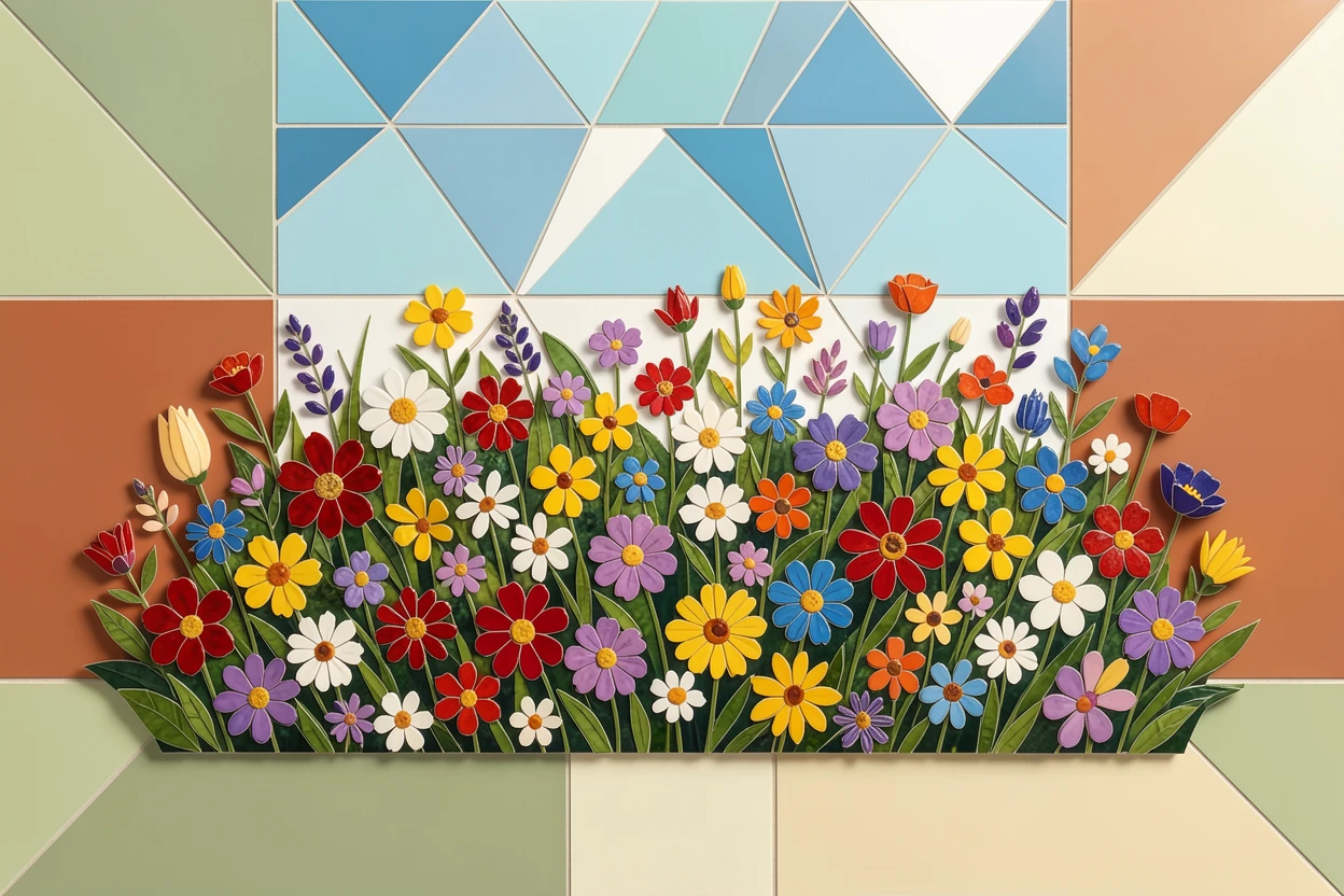 A cottage garden overflowing with colorful mixed wildflowers.