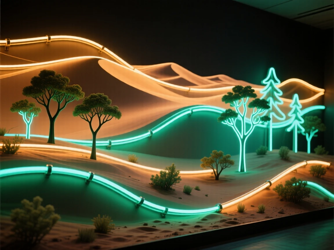A dramatic scene showing a terraformed desert dotted with newly planted forests from a low angle.