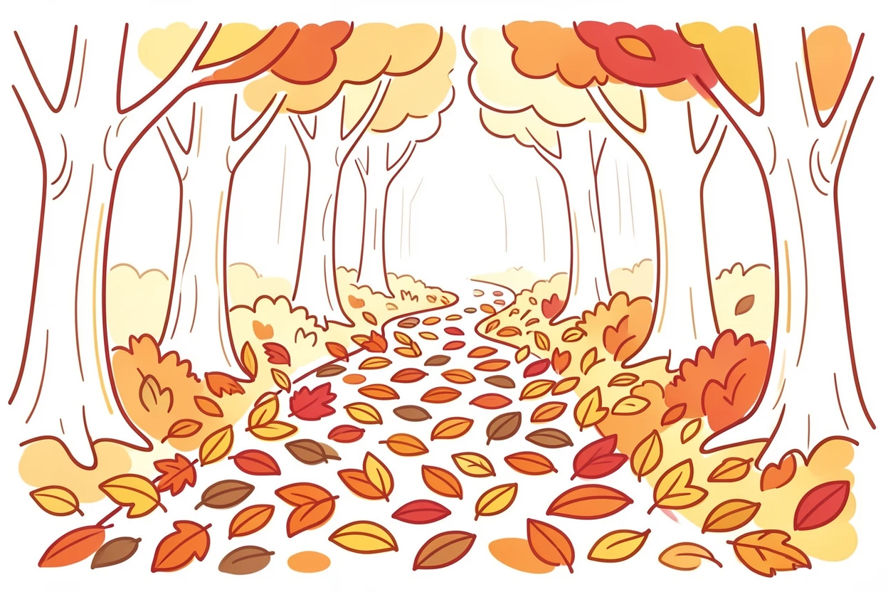 An autumn forest trail covered in a thick blanket of fallen leaves.