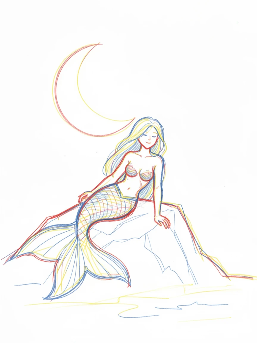 A mermaid resting on a moonlit rock, tail glimmering with iridescent scales