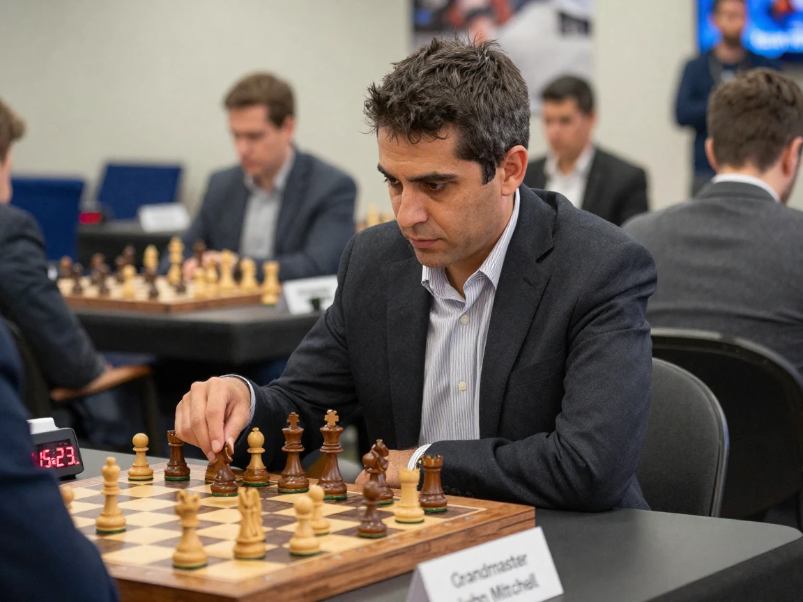 A chess grandmaster deep in thought during a tournament