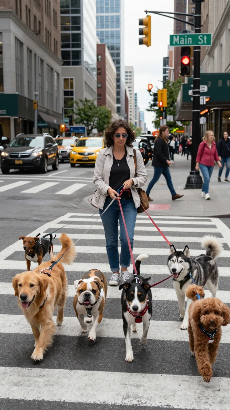 A dog walker manages six leashes at once while crossing a busy urban intersection.