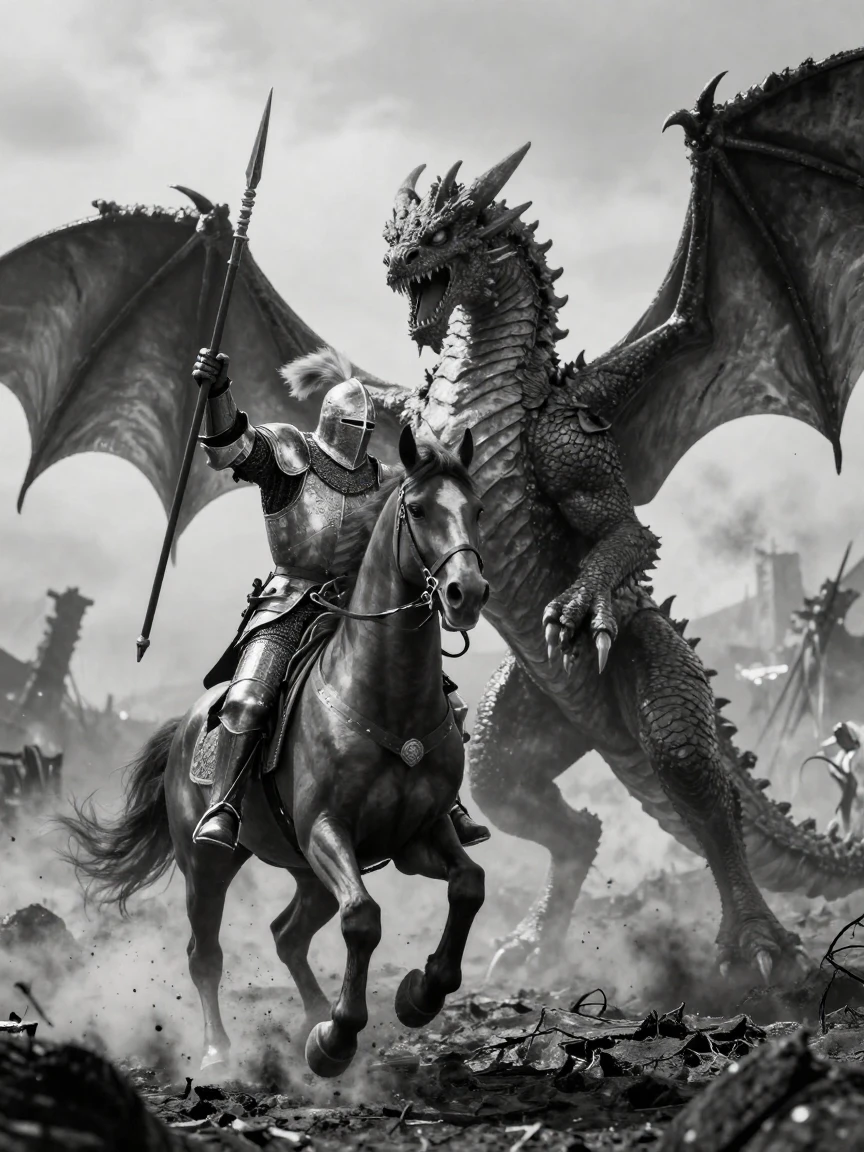 A knight charges toward a dragon with lance raised across a scorched battlefield.
