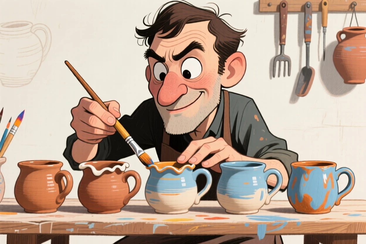 A ceramic artist glazing a row of freshly fired mugs with careful brushstrokes.