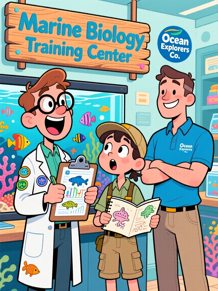 A vibrant profession-themed portrait of a passionate marine biologist training a wide-eyed new recruit, with a satisfied customer nearby.