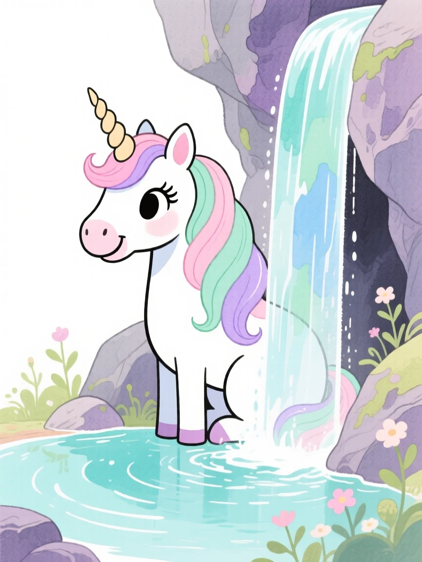 A unicorn with a flowing mane sitting beside a crystal-clear waterfall in a hidden grotto