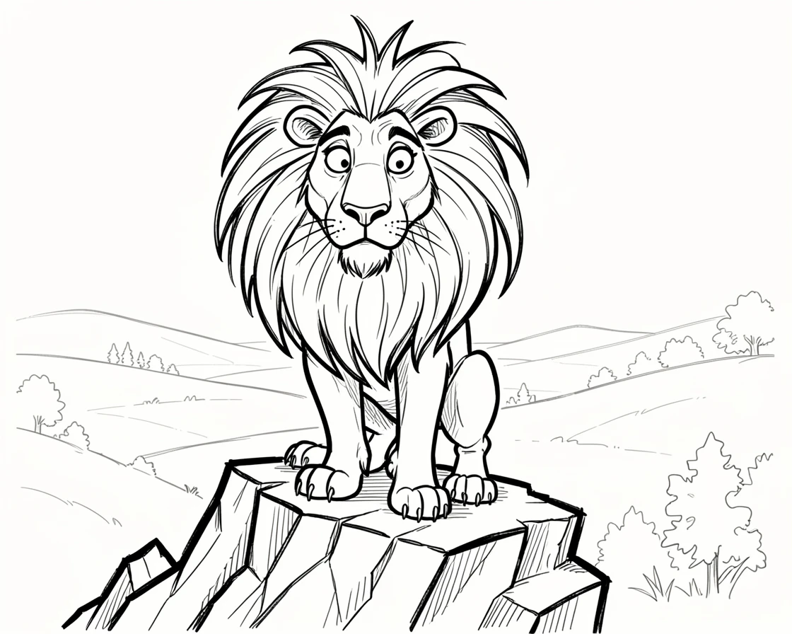 [Fantasy & Imaginative Scenarios] Imaginative fantasy scene of a noble lion king surveying his kingdom from a rocky cliff, brimming with wonder