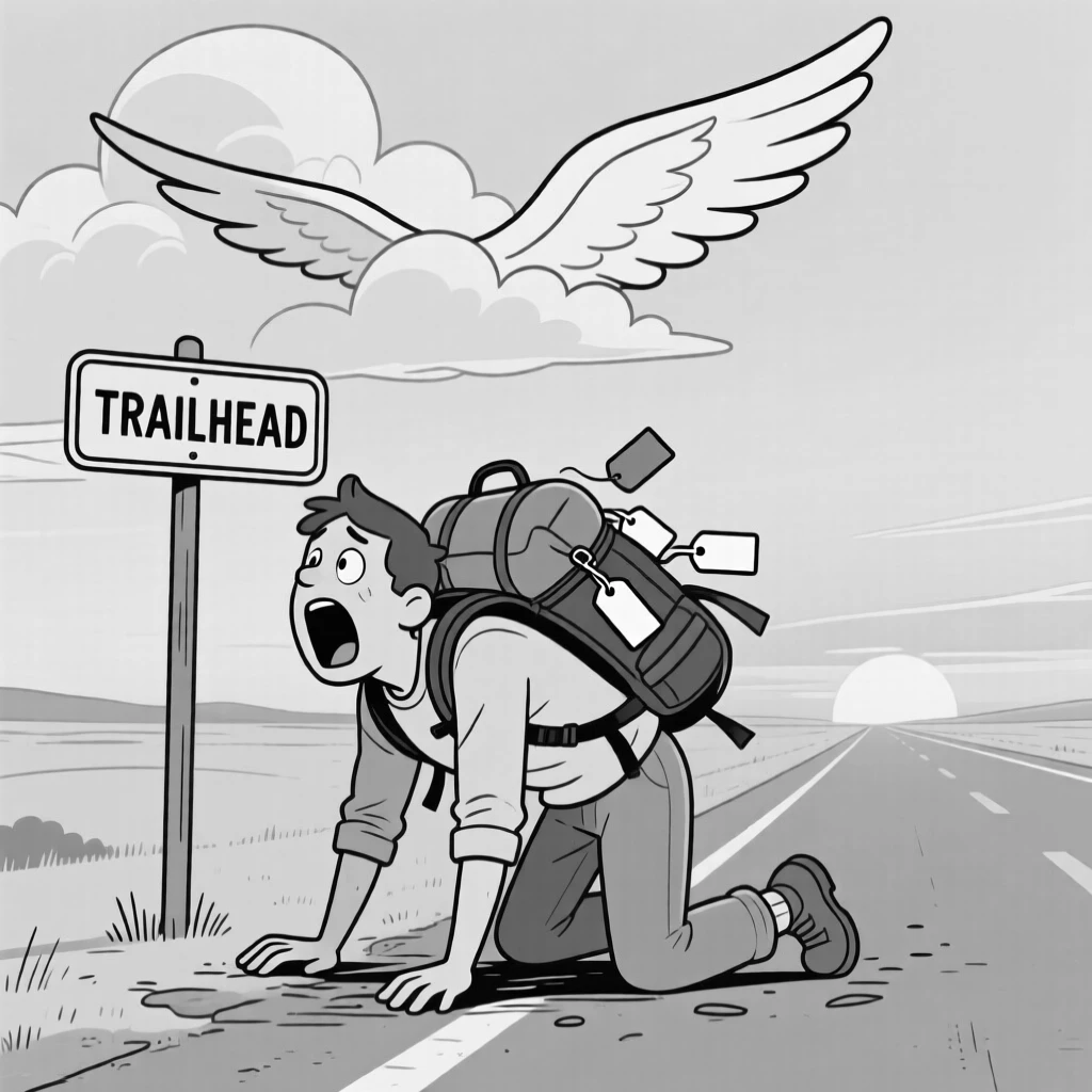 A hiker dramatically collapsing at the trailhead sign, gasping as the clouds part beneath the wing, set on a long open highway at sunset. Luggage tags flutter from an overstuffed backpack. It radiates wanderlust and the fun of getting a little lost.