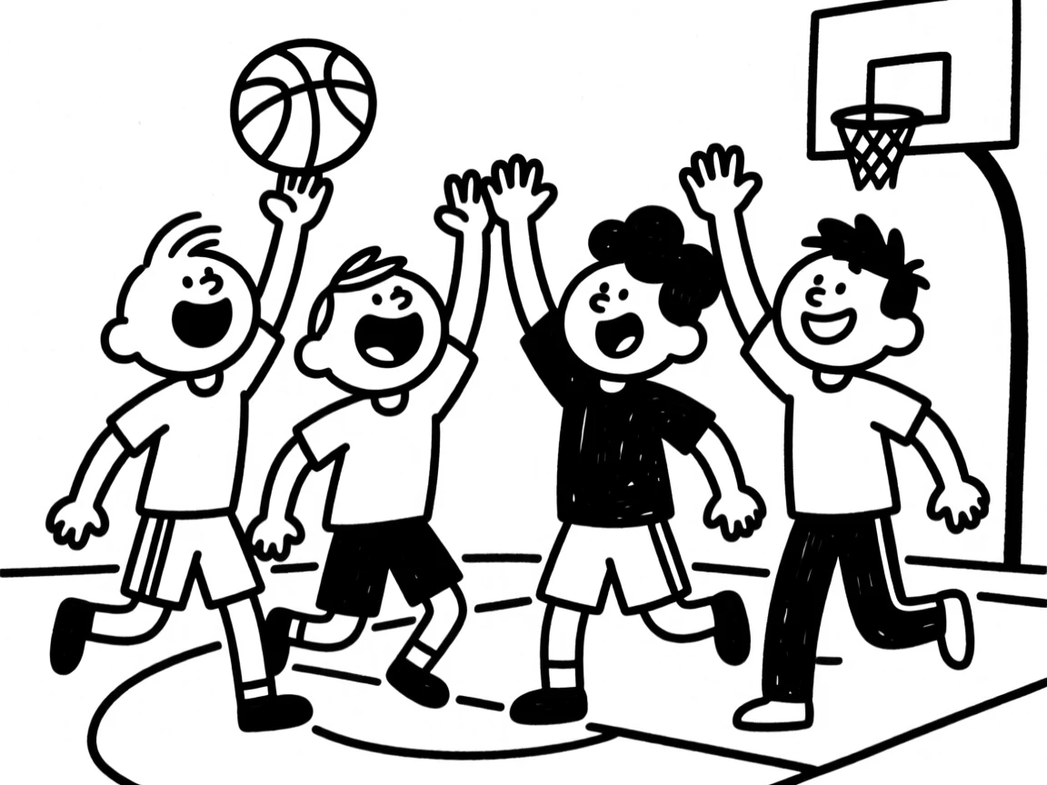 A group of friends high-fiving after winning a friendly game of pickup basketball.