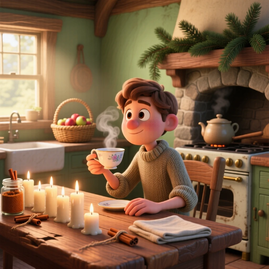 A writer sipping tea at a wooden desk sits in a farmhouse kitchen filled with the smell of cinnamon, lighting a row of small candles. The mood is snug, tender, and softly domestic, with pine branches decorating the mantel.
