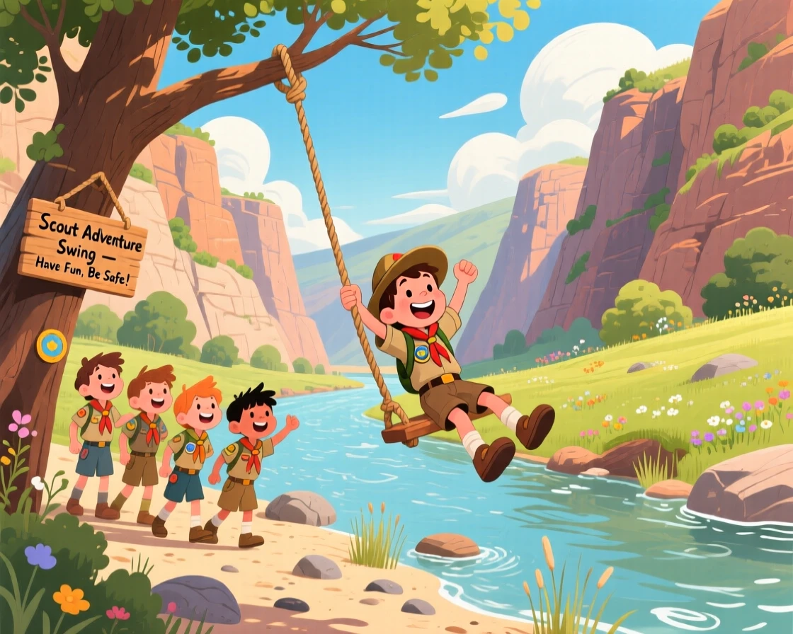 An adventurous scout troop spends the day following a river downstream on a rope swing through a canyon carved by an old river, as clouds cast slow shadows across the hills.