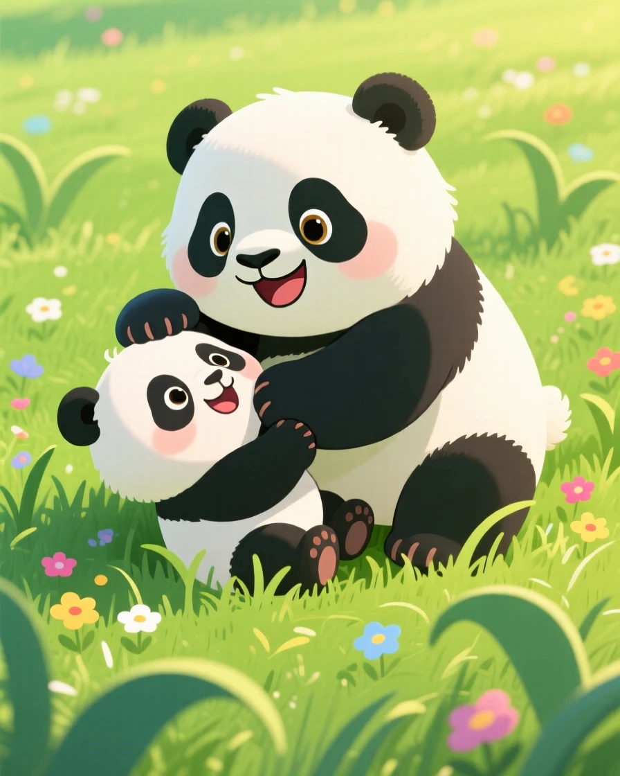 A panda cub playfully wrestling with a smaller cub in the grass.