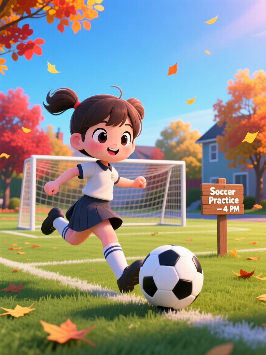 In a sunny neighborhood field, a young girl is kicking a soccer ball toward a goal on a crisp autumn afternoon, bathed in cool blue twilight glow, expression full of eager anticipation. Shot as a three-quarter view.