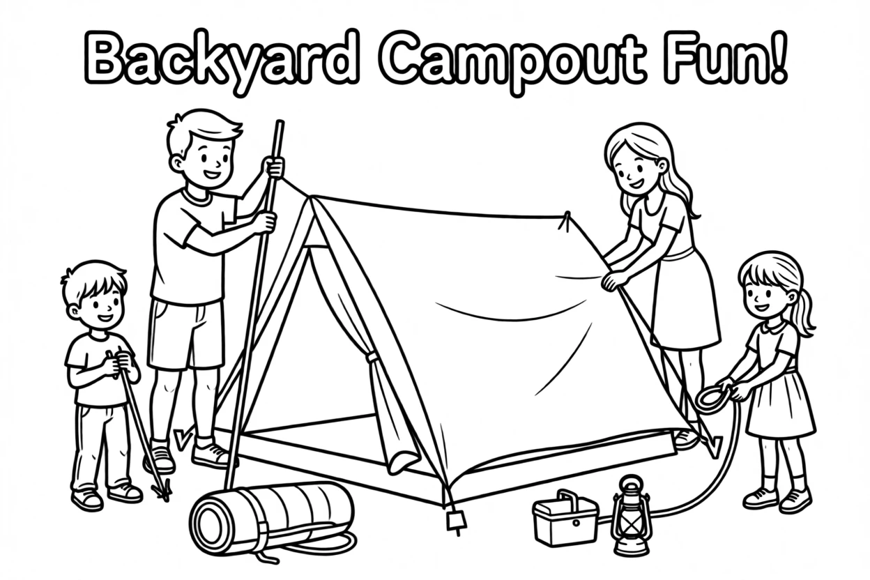 A family setting up a tent for a backyard campout