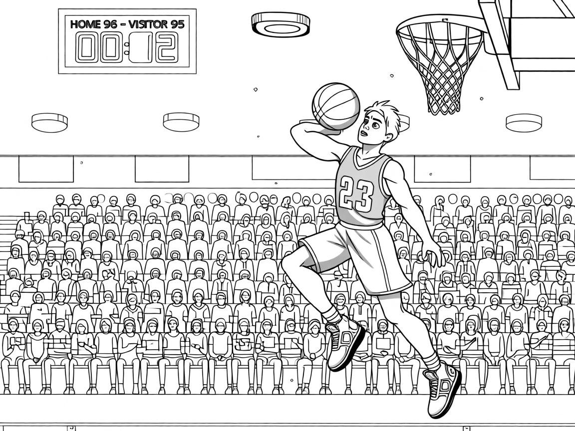A basketball player mid-air for a slam dunk, with a stadium crowd cheering in the background.
