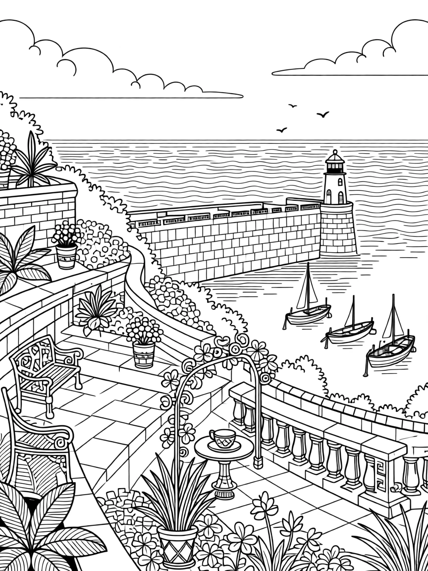 A hillside terrace garden overlooking a walled harbor.