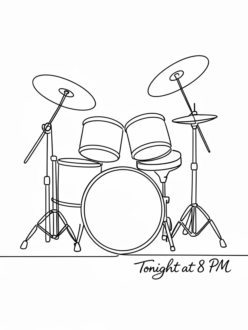 A drum set arranged on a stage before an evening concert