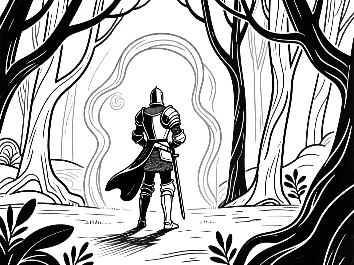 A knight standing before a glowing portal in an enchanted forest clearing.