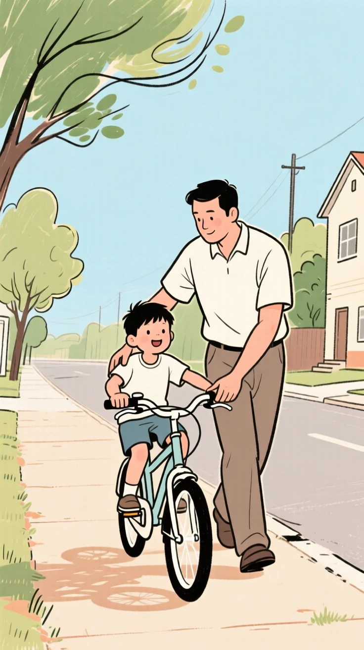 A father teaching his son to ride a bicycle in a quiet neighborhood.