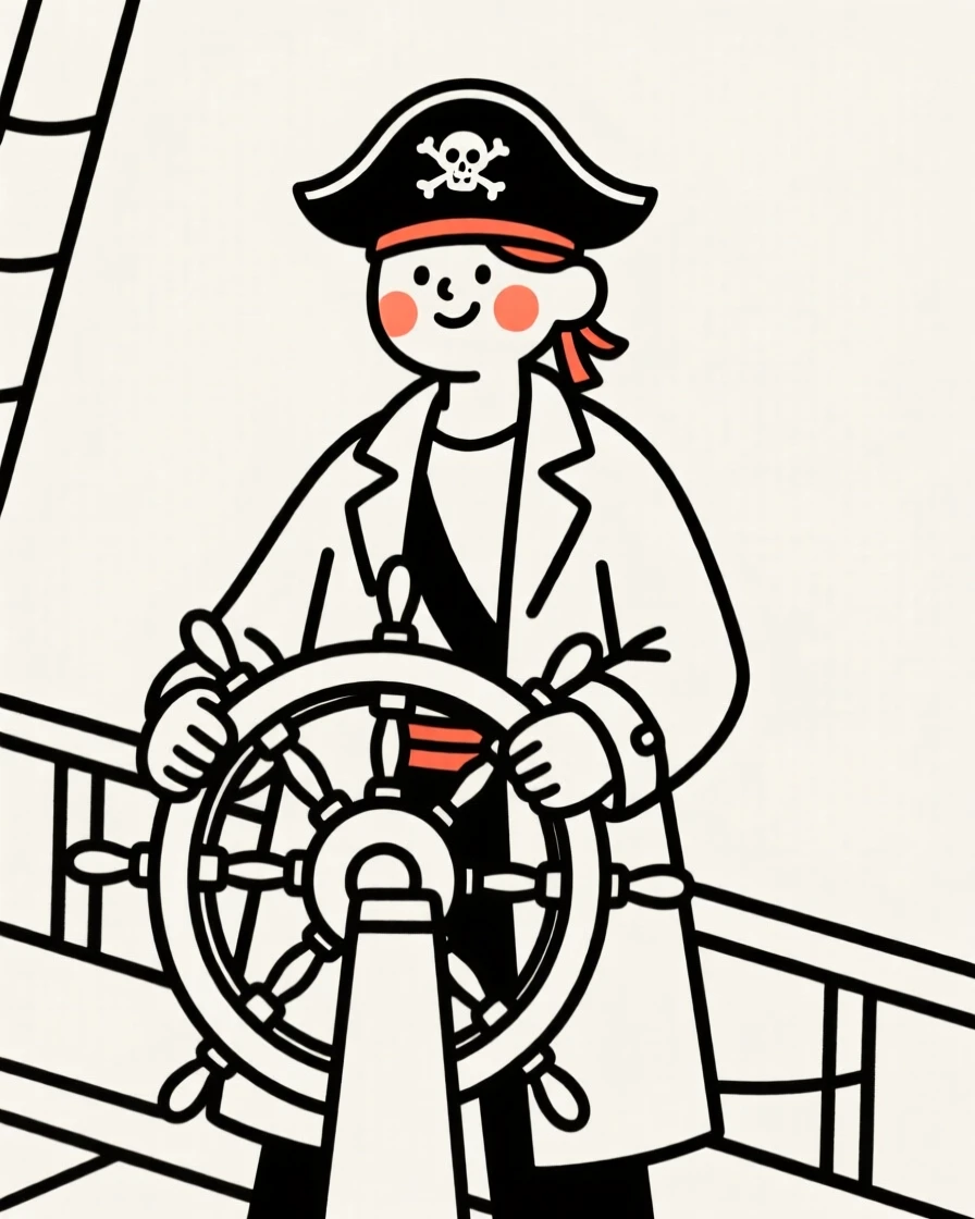 A pirate captain at the helm of a ship, exuding gentle warmth.