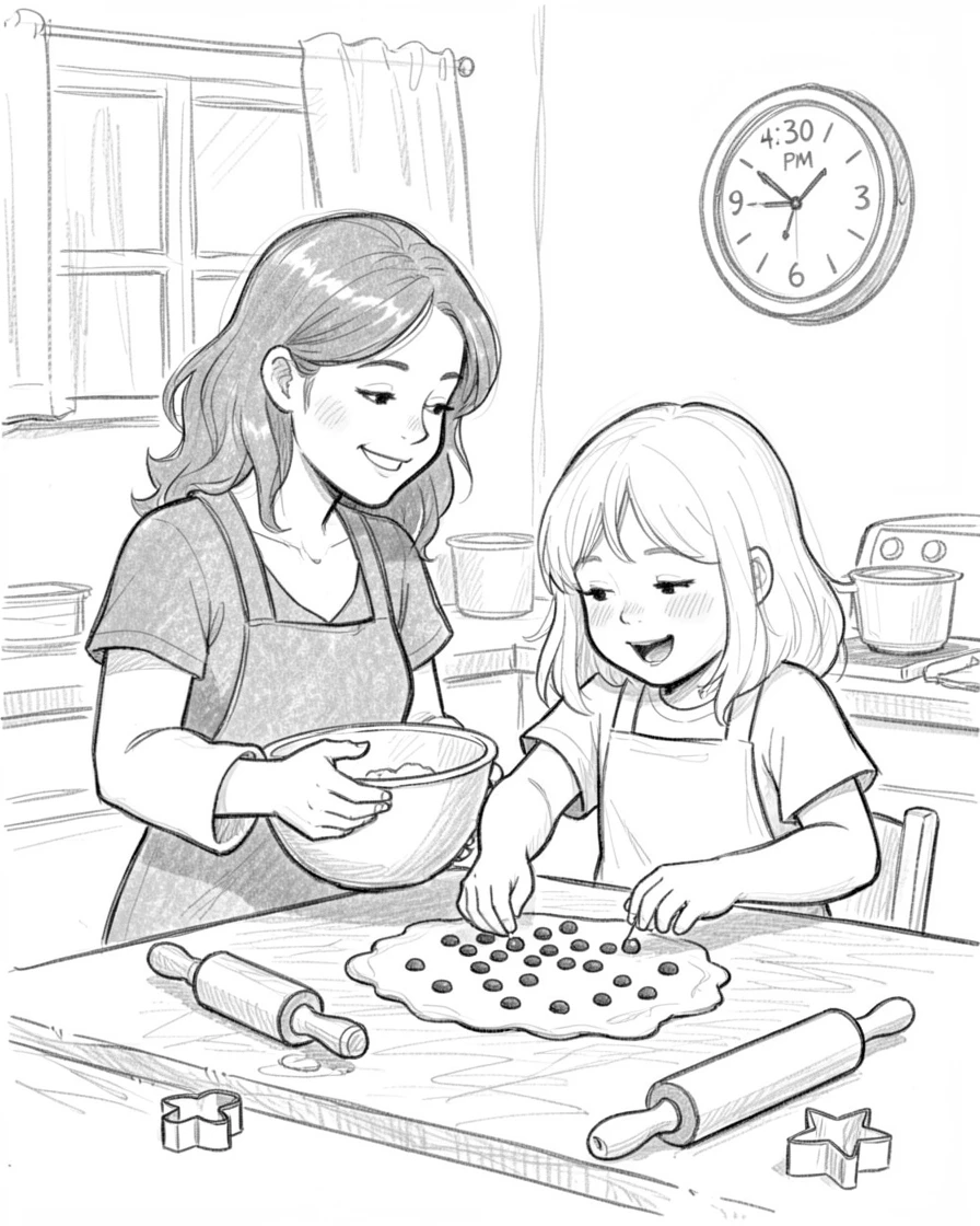 A heartwarming family moment: a mother and daughter baking cookies together in a cozy kitchen, glowing with quiet joy.
