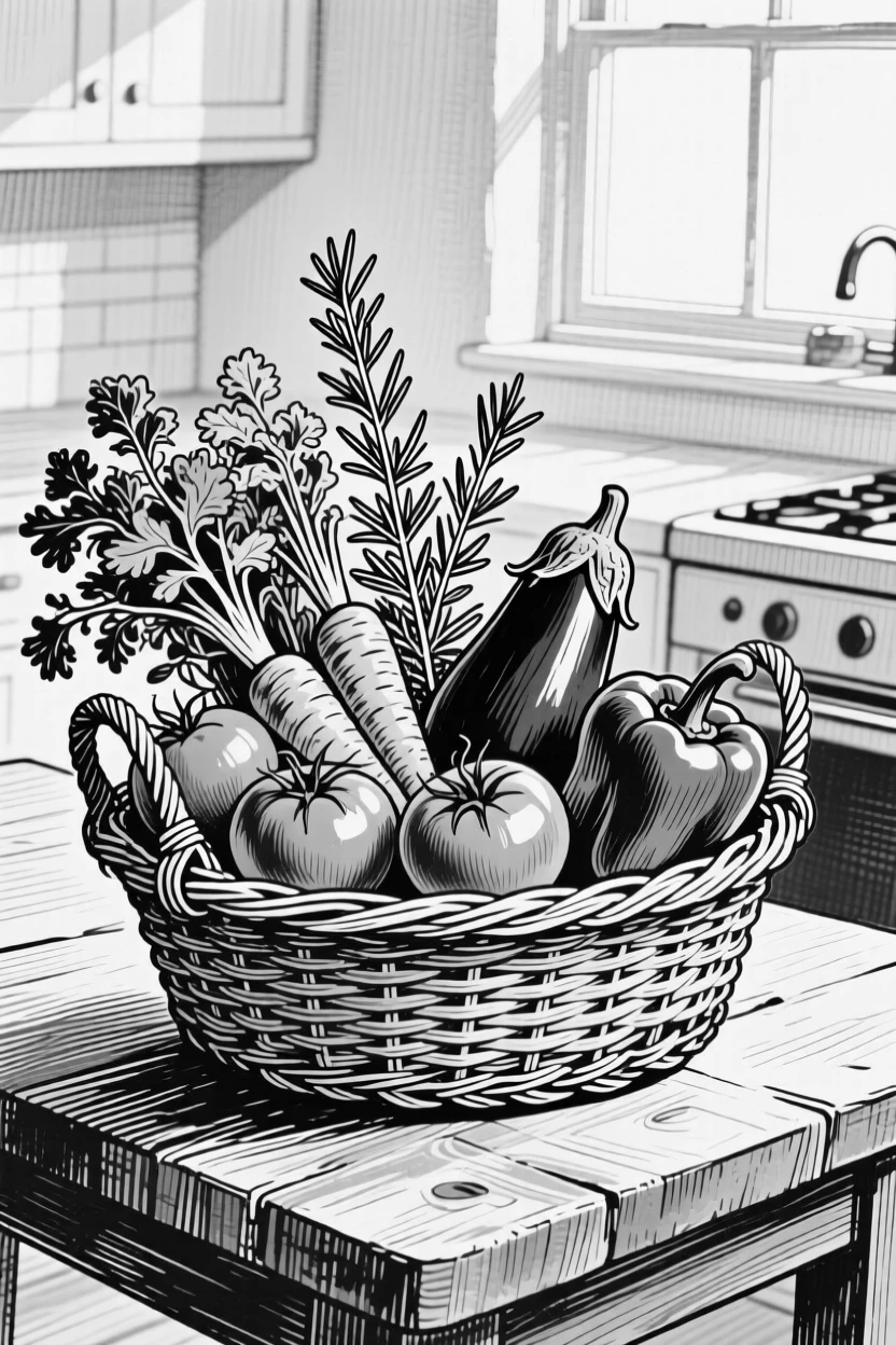 A basket of fresh vegetables from the garden displayed under the soft light of a kitchen window, with a sprig of herbs used as garnish, presented in an indulgent and delightful culinary still life.