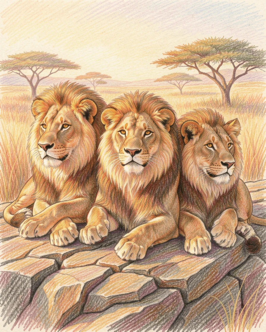 A lion pride resting together atop a sunlit savanna rock, bathed in the warm glow of golden-hour light, designed to feel inviting, memorable, and shareable.