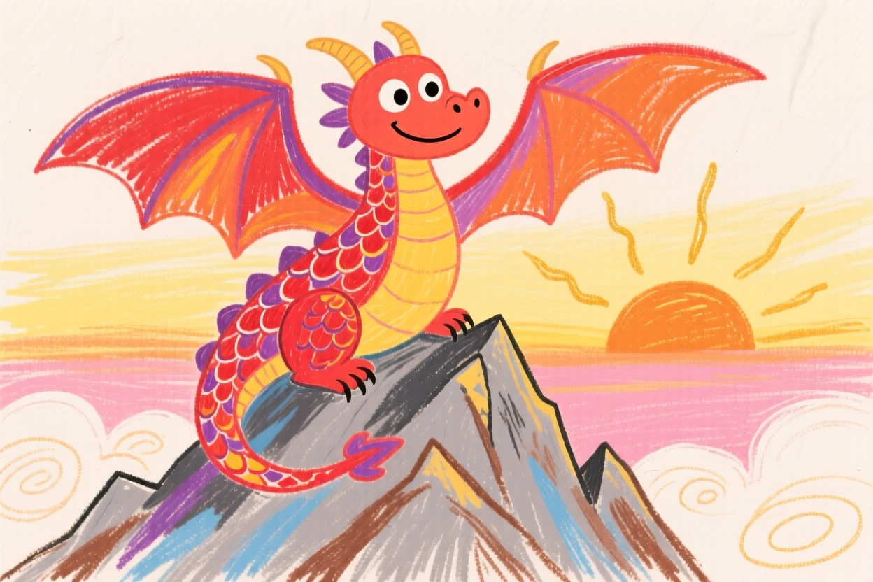 A majestic dragon perched atop a mountain peak at sunrise.