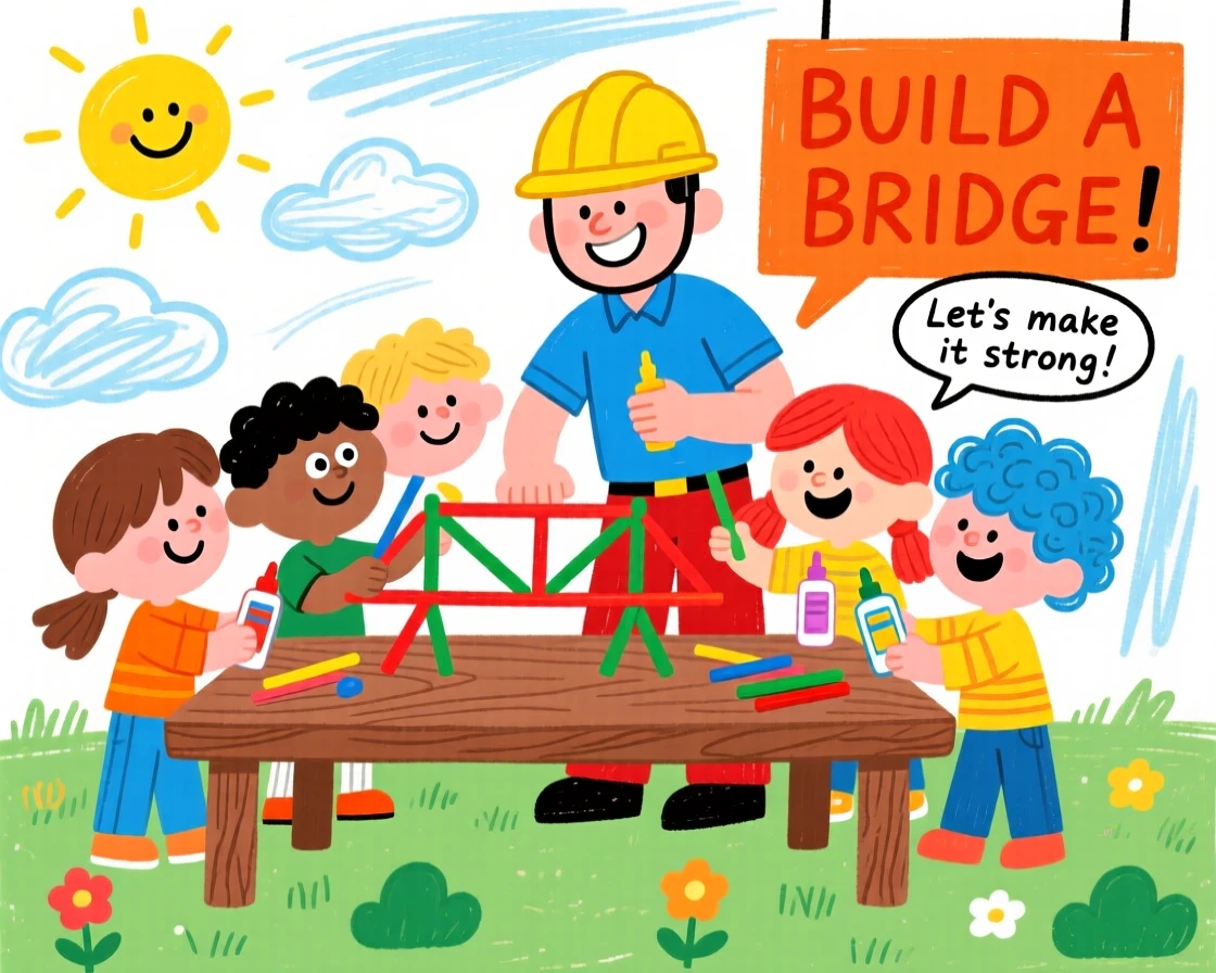 An engineer building a model bridge with a group of students.