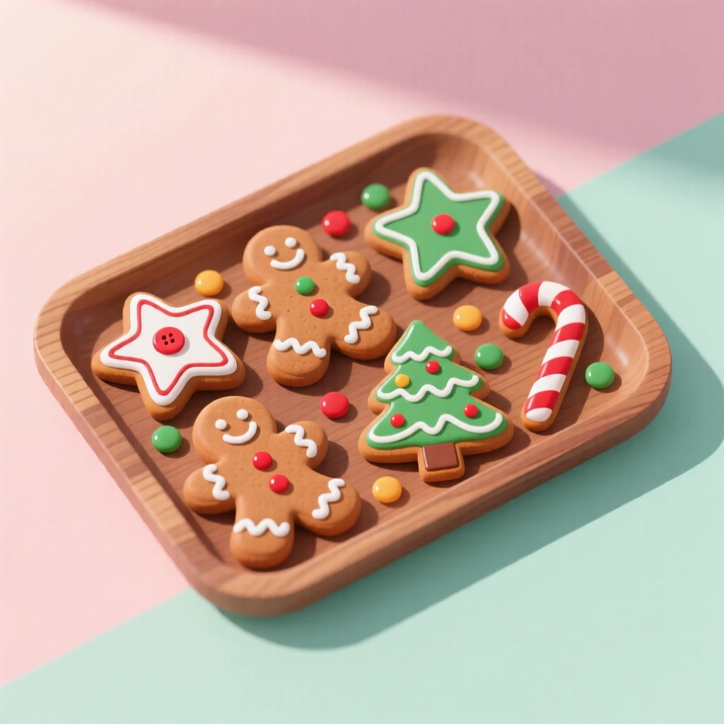A tray of gingerbread cookies decorated for the holidays, set against a soft pastel backdrop, composed with soft natural light enhancing texture, with glossy highlights that make the dish look freshly made.