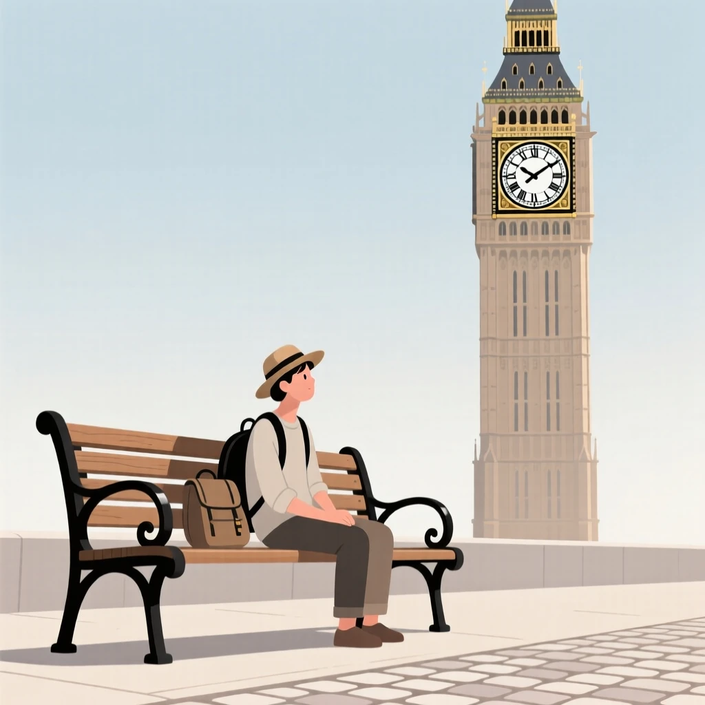 A traveler resting on a bench near a famous clock tower.