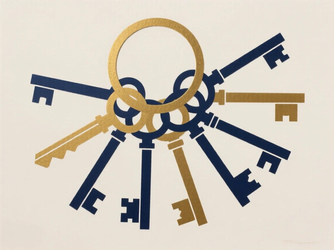 A collection of antique keys on a ring