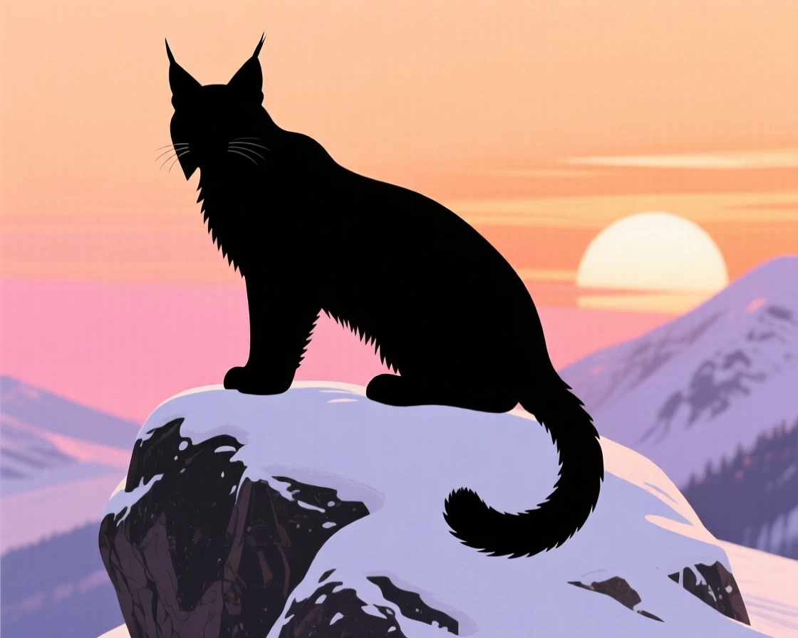 A lynx perched on a snow-dusted boulder, ears tufted and alert.